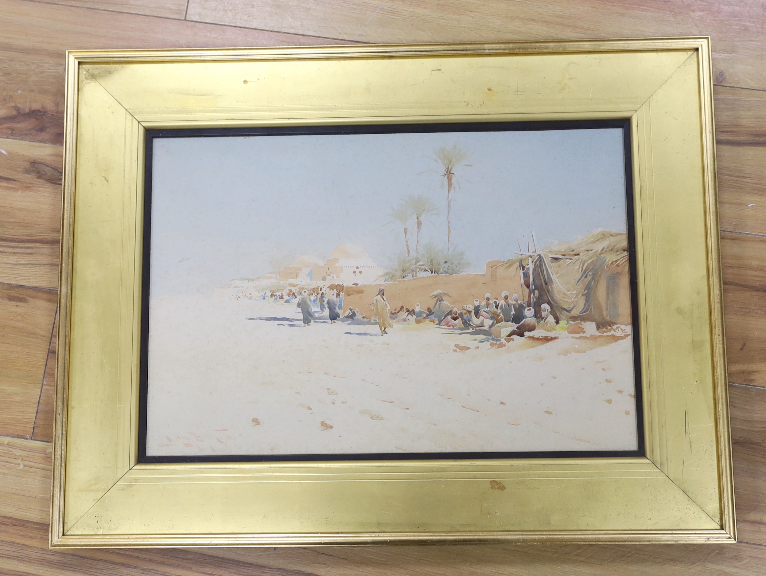 Augustus Osborne Lamplough (1877-1930) Orientalist watercolour, figures and camels, signed, 34 x 49cm